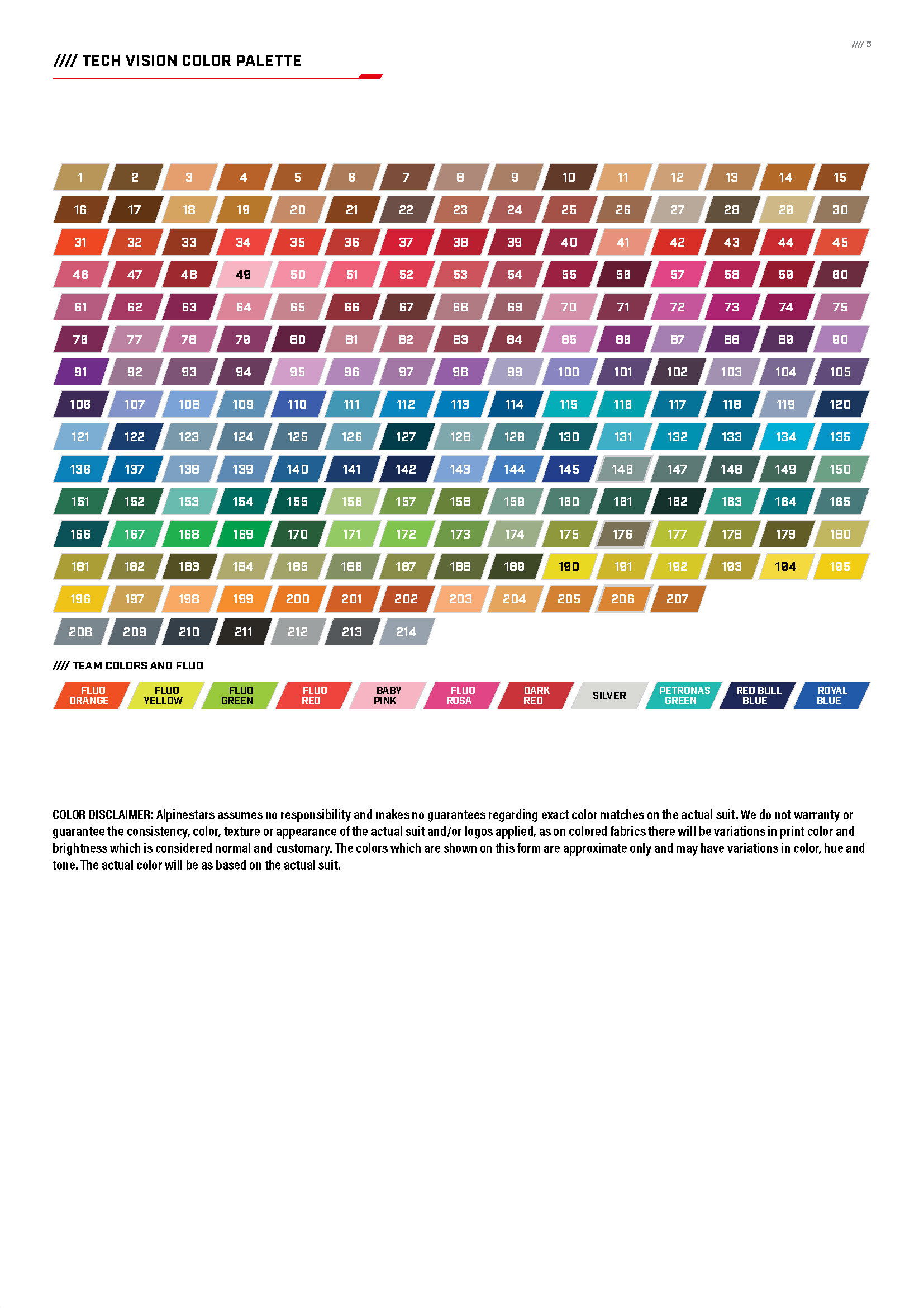 Alpinestars Color Chart for Tech Vision