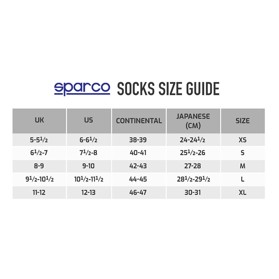 Sparco Socks Size Guide